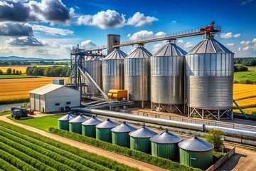 Obraz premium Capturing the Essence of Agricultural Efficiency: Grain Storage Silos and Conveyor Belts in Action at a Modern Farm Facility