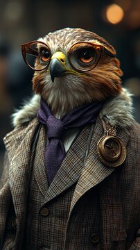 profile shot of an elder, regal and powerfully intense purple feathered hawk with a long beard, resembles a Viking, wearing a brown tweed suit and purple tie and feather broach, 