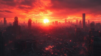 Fototapeta premium Vibrant Sunset Over a Post-Apocalyptic Cityscape Ruins of Skyscrapers and Debris