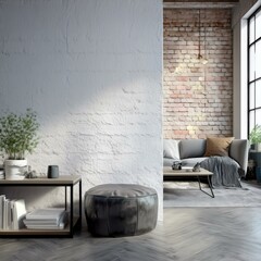3D Visualization of a Cozy Industrial Living Room Loft