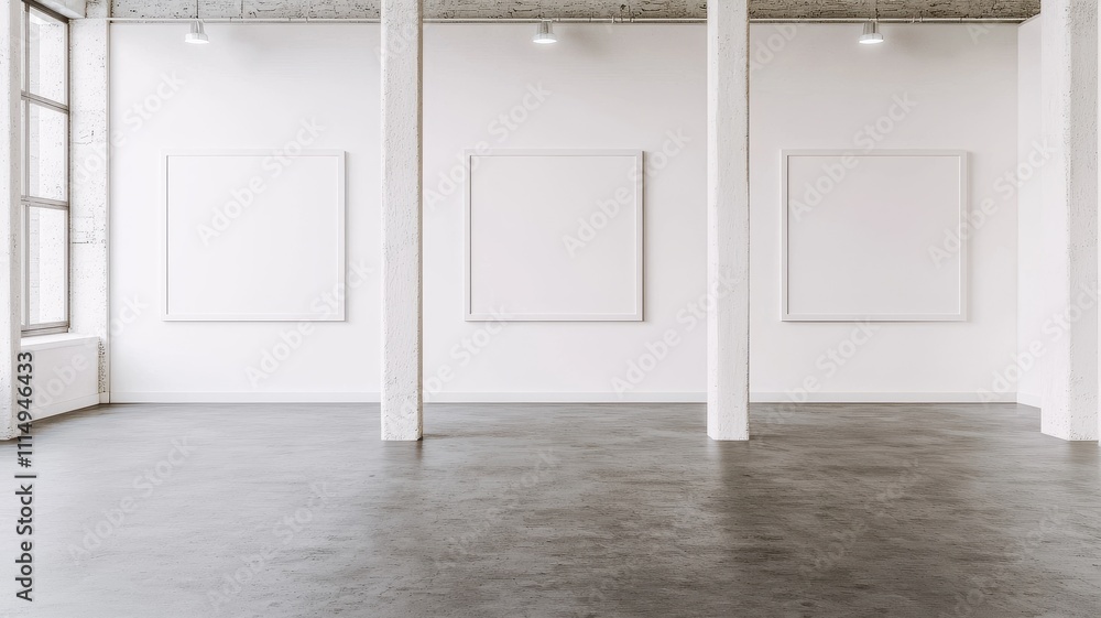 Poster a minimalist art gallery space with empty white walls and polished concrete floors, creating a clean