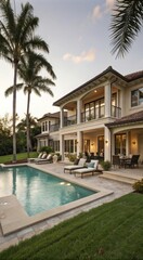 Fototapeta premium Spacious Pool Area Beside a Stunning Two-Story Home in a Tropical Setting at Sunset. Generative AI
