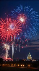 Vibrant Fireworks Bursting in the Night Sky Over Iconic Landmark With Celebratory Ambiance. Generative AI