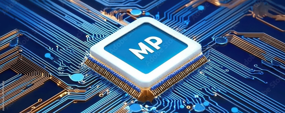 Poster a close-up of a microprocessor on a circuit board, featuring a prominent 