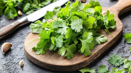 Fresh cilantro leaves on wooden cutting board with knife and garlic cloves.