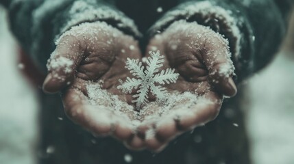 Fototapeta premium Snowflake in hand. A close-up of hands holding a snowflake as it melts, symbolizing the fragility of moments and the need to cherish them.