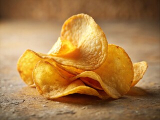 Close-up of a Golden Crispy Potato Chip on a Smooth Background with High Depth of Field, Perfectly Capturing the Texture and Color for Food Photography Enthusiasts and Culinary Arts