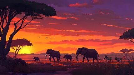 Fototapeta premium African elephants and zebras silhouetted against a vibrant sunset.