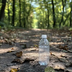 Obraz premium A clear water bottle sits on a dirt path surrounded by autumn leaves, framed by lush green trees, This image is ideal for themes of hydration, nature, sustainability, or outdoor activities,