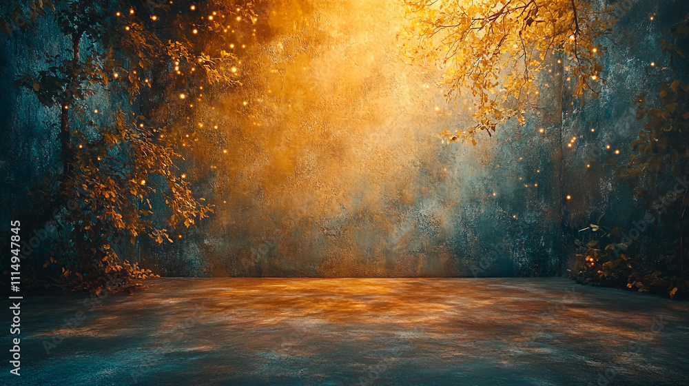Poster mysterious forest clearing illuminated by ethereal light and cascading particles