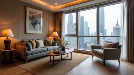 Fototapeta premium Stylish Apartment Hotel With Modern Amenities and Stunning City Skyline View in Thames Town. Generative AI