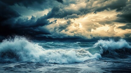 Fototapeta premium Ocean Storm: Dramatic Waves Crashing Under a Turbulent Sky