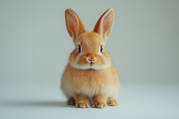 Obraz premium A tiny brown rabbit sitting upright, ears alert, in the center of a white background, soft and minimalistic feel