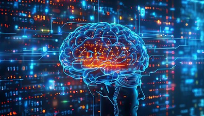 brain lit up by data patterns representing ai and technology