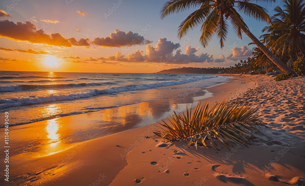 Aufkleber beach with palm trees and a sunset in the background. the beach is empty. the water is calm