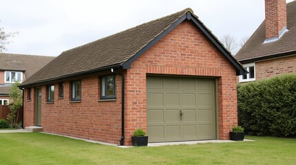 Fototapeta premium Pitched Roof Red Brick Garage With Green Door and Landscaping in a Suburban Neighborhood. Generative AI