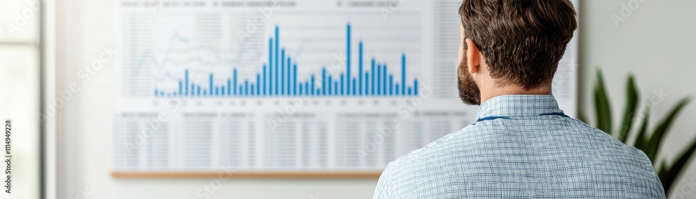 Poster a man analyzes a data report featuring blue bar graphs and statistics displayed on a wall in a moder