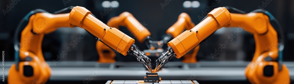 Poster two robotic arms engage in a precise task, showcasing advanced automation technology in a modern ind