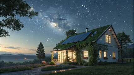 Eco-friendly House Shines Under a Starry Night Sky With a Vibrant Landscape. Generative AI