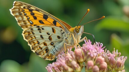Obraz premium Butterfly feeding on pink flower blossoms in garden