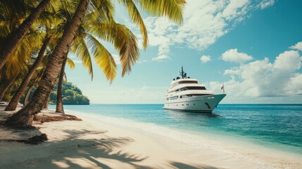 Obraz premium A luxurious yacht anchored near a tropical beach with palm trees and clear blue waters.