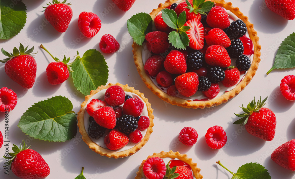 Poster plate of strawberries and raspberries is on a table. there are two small pies with strawberries and 