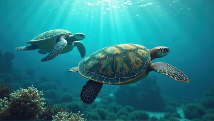 Obraz premium Underwater scene with a sea turtle and school of fish, vibrant coral reef, serene ocean life. Generative, AI.