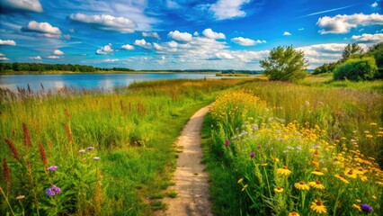 Obraz premium A Winding Path Through a Field of Wildflowers and Tall Grass Leading to a Blue Lake