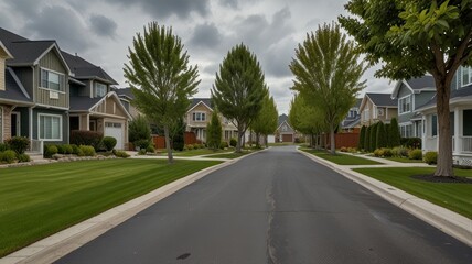 Residential street lined with houses and trees on an overcast day.