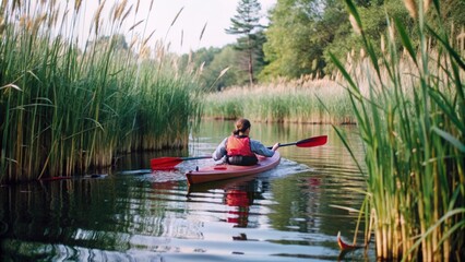 Solo Kayaker Paddling Through a Lush Waterway
