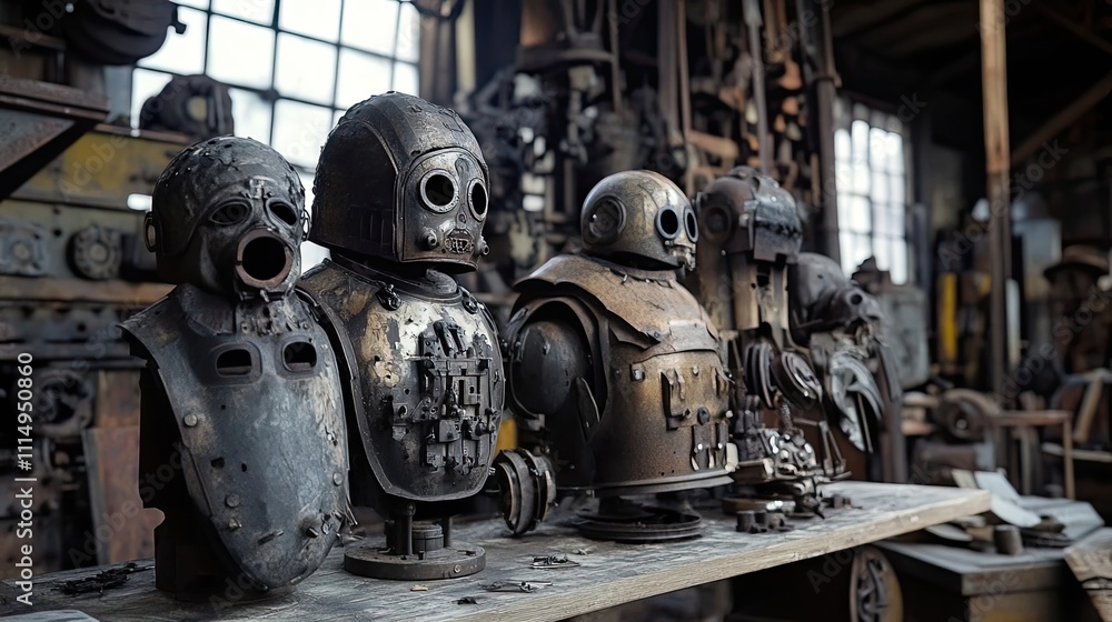 Poster rusty metal robots line up in a workshop