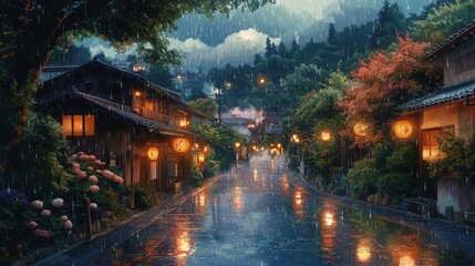 Fototapeta premium Rainy Alley in Japanese Village with Lanterns and Reflections