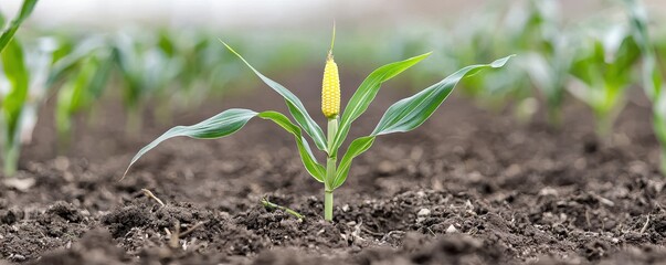 A close-up of a young corn plant emerging from rich, dark soil, surrounded by green foliage, symbolizing growth and agriculture.