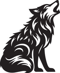 A wolf in a crouched howling pose with its head turned to the side black vector silhouette