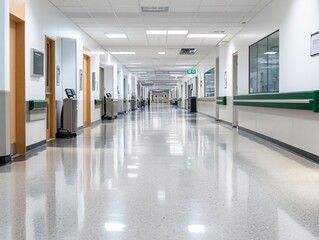 Empty hospital corridor with shiny floor and medical equipment.