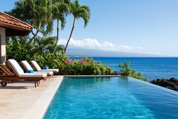 Obraz premium Infinity pool overlooking ocean, tropical landscape.