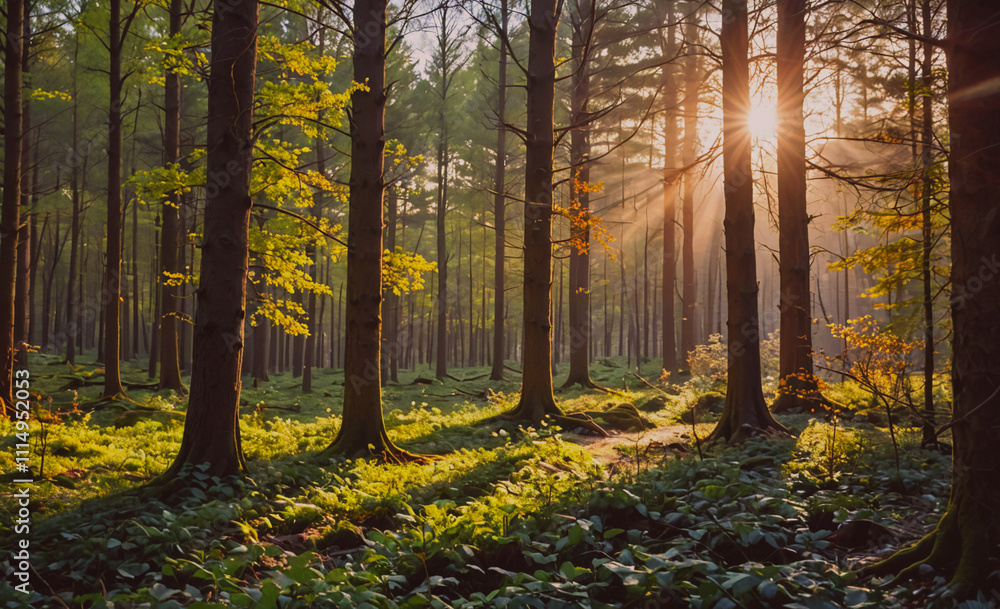 Poster Forest with trees and grass. The sun is shining through the trees. There are many trees in the forest
