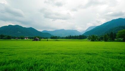 Lush Green Field With Houses And Mountain Background