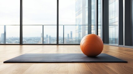 A serene exercise space featuring an orange stability ball on a patterned yoga mat, with a panoramic city view through large windows.