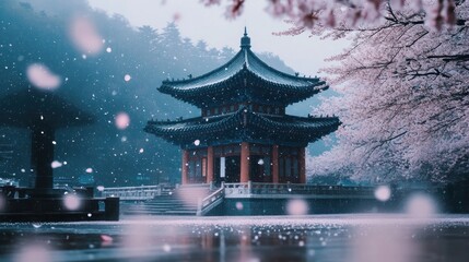 Fototapeta premium A traditional Asian temple with a tiered roof stands amidst a serene landscape, with snow falling gently and cherry blossoms blooming in the background.