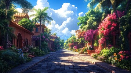 Obraz premium Tropical Garden Alley Scenic Pathway in Summer Nature