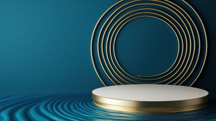 Obraz premium A modern display featuring circular golden accents on a serene blue background, creating a minimalist aesthetic with rippling water effects.