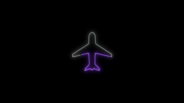 Glowing neon plane sign icon animation. Airplane icon with neon saber effect animation.