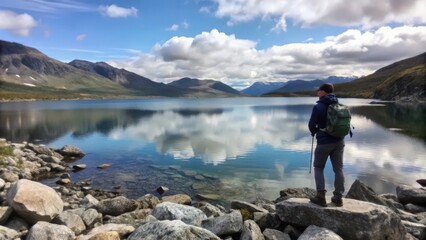 Fototapeta premium A lone hiker stands on a rocky shore overlooking a serene mountain lake.