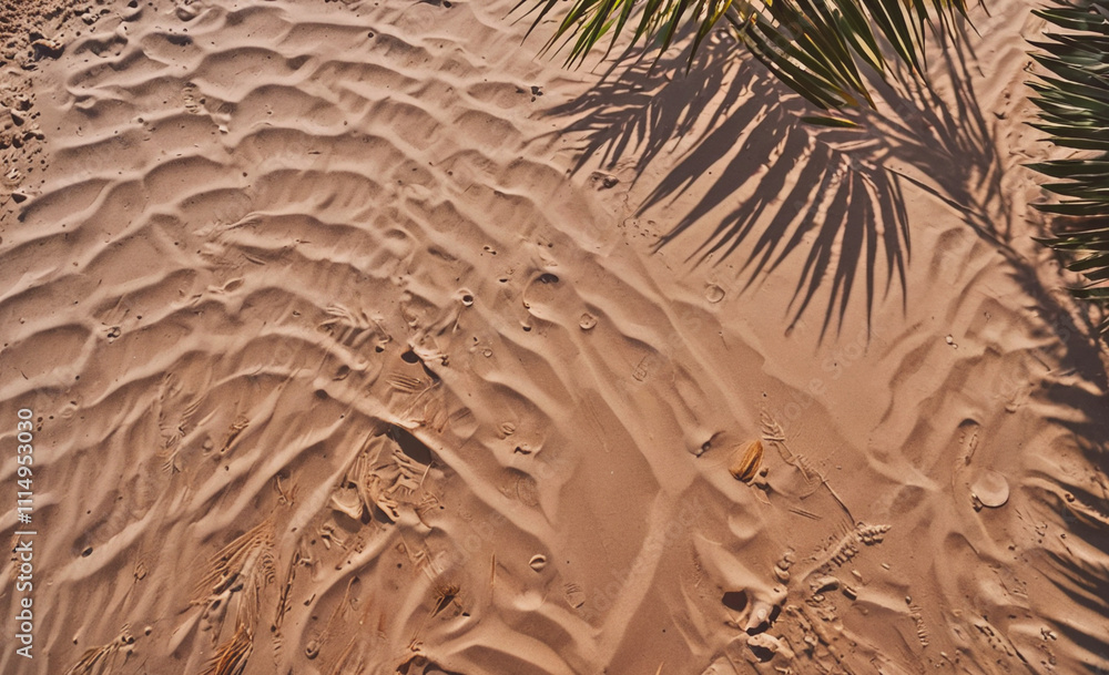 Poster Palm tree is casting a shadow on the sand. The sand is brown and has some footprints in it