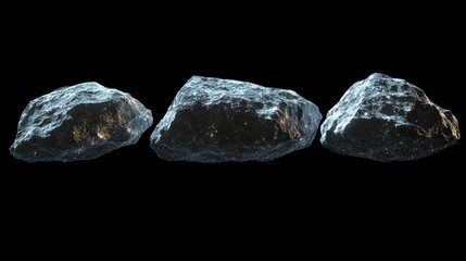 Three gray rocks isolated on a black background.