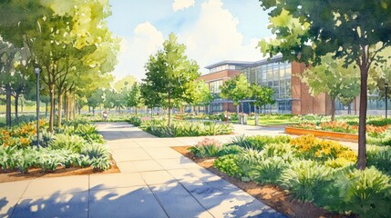 Fototapeta premium A picturesque walkway lined with lush greenery leads towards a modern building with large windows, bathed in warm sunlight, creating a tranquil and inviting atmosphere.