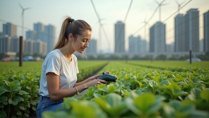Woman by railing, cityscape background, sunlight, greenery, face obscured, peaceful urban scene. Generative, AI.