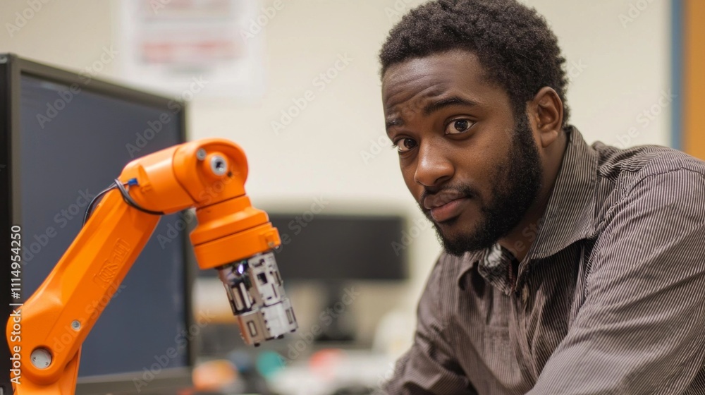 Poster A computer science instructor intently examines a robotic arm, showcasing his passion for technology and fostering student interest in programming and automation