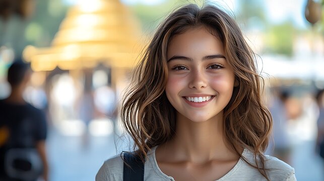 A beautiful teenage girl from Myanmar, 19 years old, standing by an ancient pagoda, smiling brightly with the golden structure towering behind her under a clear blue sky 